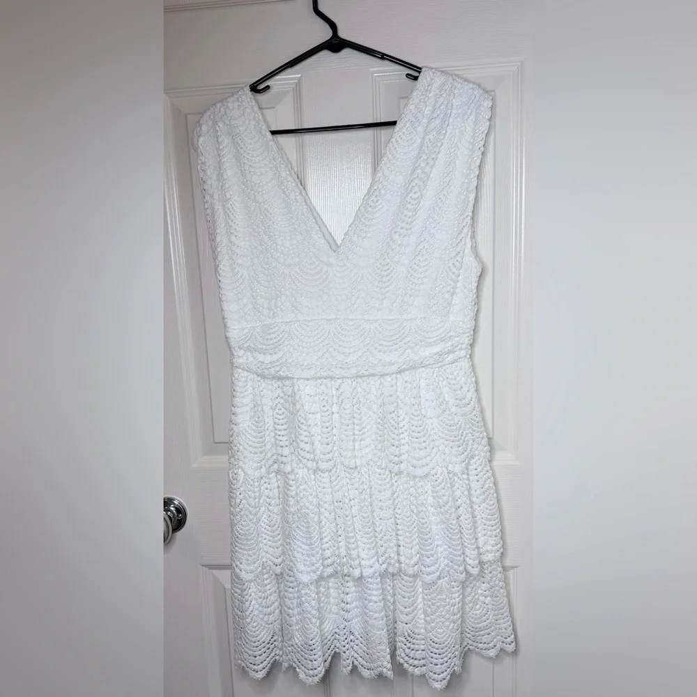 LILLY PULITZER FAYE V-NECK LACE RUFFLE DRESS RESORT WHITE SCALLOPED SHELL LACE L - Picture 3 of 15